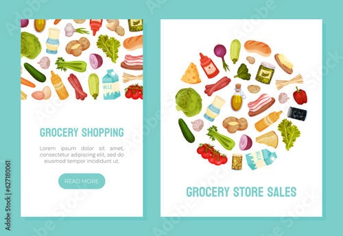 Grocery Food Store Banner Design with Market Products Vector Template