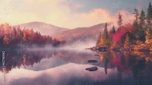 Autumn forest reflected in water.