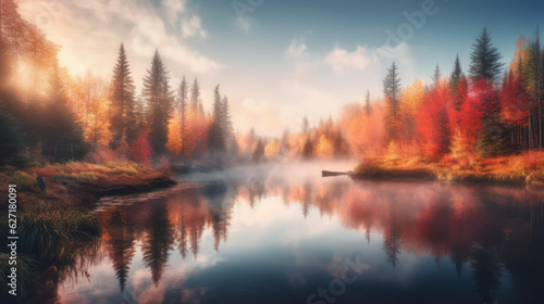 Autumn forest reflected in water.