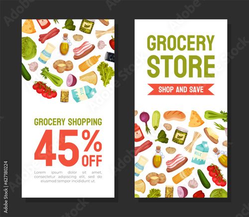 Grocery Food Store Banner Design with Market Products Vector Template