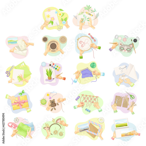 Hands Creating Crafts Top View Big Vector Set