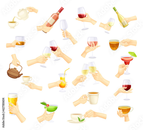 Hands Holding Different Drinks and Beverage Big Vector Set