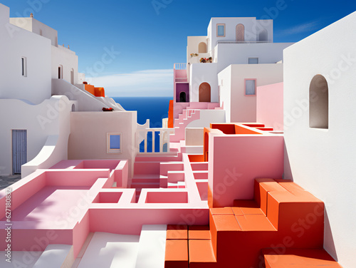 Wide-angle shot of surreal and minimalist labyrinth in style of Ricardo Bofill's La Muralla Roja, photorealistic, red and orange tones, colorful and vibrant, noon light. photo