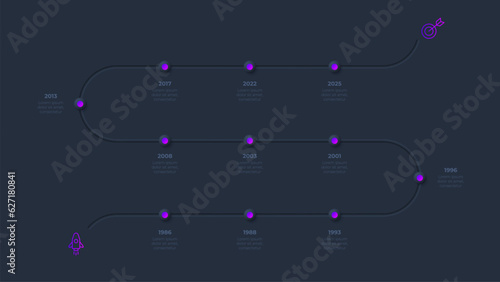 Neumorphism infographic timeline template with 11 steps or options on the dark background