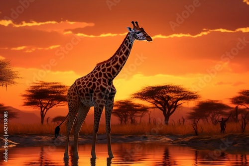 Giraffe Silhouette African Savanna Sunset, Generative AI