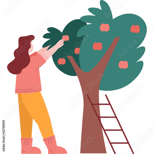Woman farmer picking fruit from tree vector icon