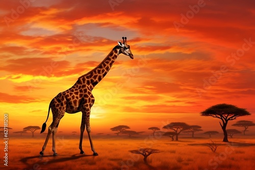 Giraffe Silhouette African Savanna Sunset, Generative AI