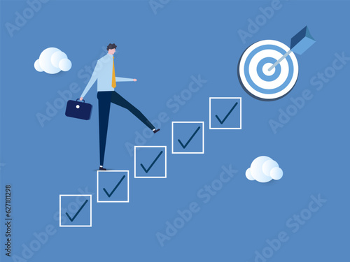 Personal development plan for career success, build specialist skill or competence to motivate and achieve business target concept, smart businessman walk up checklist as staircase to achieve target.