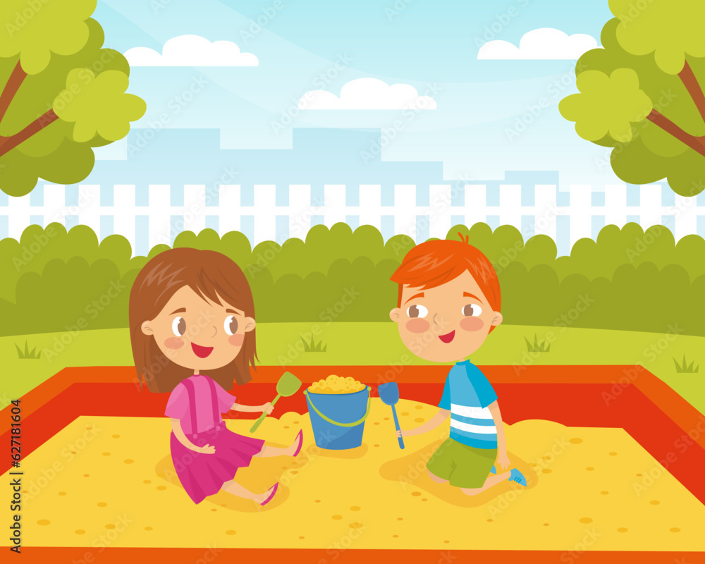 Little Boy and Girl Playing in Sandpit Enjoy Summer Activity Vector Illustration