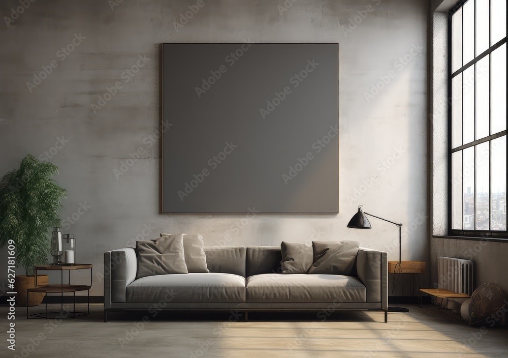 Modern grunge concrete loft interior with empty wall and city view. Mock up. AI Generative. Modern grunge concrete loft interior with empty wall and city view. Mock up. AI Generative.