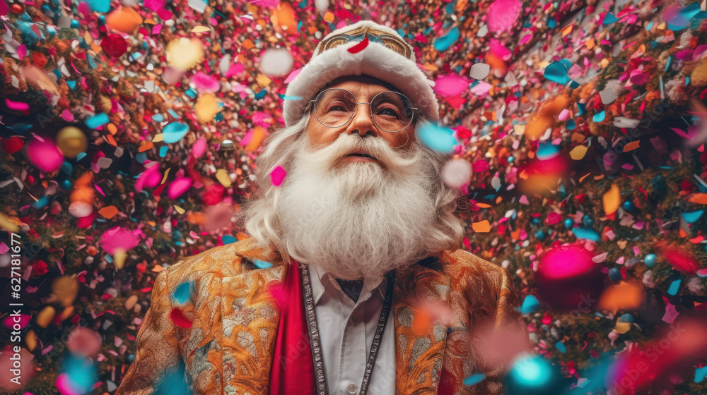 Santa Claus in a beautiful colorful embroidered suit against the backdrop of flying confetti
