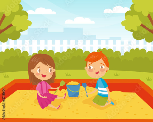 Little Boy and Girl Playing in Sandpit Enjoy Summer Activity Vector Illustration