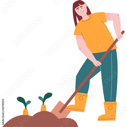 Woman digging carrot in ground vector icon