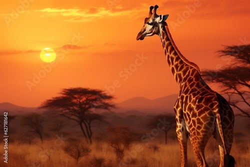 Giraffe Silhouette African Savanna Sunset  Generative AI