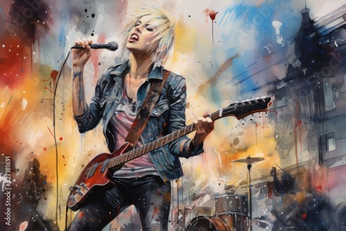 Abstract drawing of a woman with short blond hair from a rock band, singing into a microphone and wearing a guitar, generative AI
