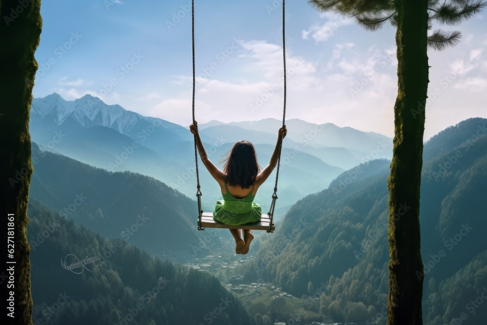 Serene Mountain Escape Woman Enjoying a Peaceful Swing amidst Nature's Beauty, Generative AI