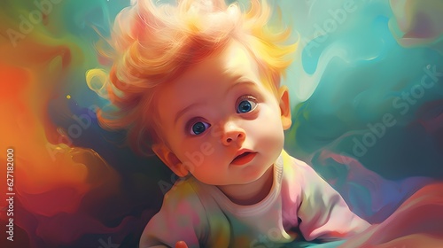 Adorable baby on abstract colorful background. Generative AI