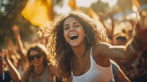 Enthusiastic young woman cheering in crowd at summer music festival