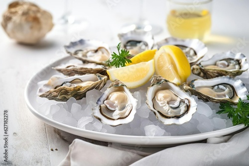 a plate of fresh oyster shell with lemon and parsley