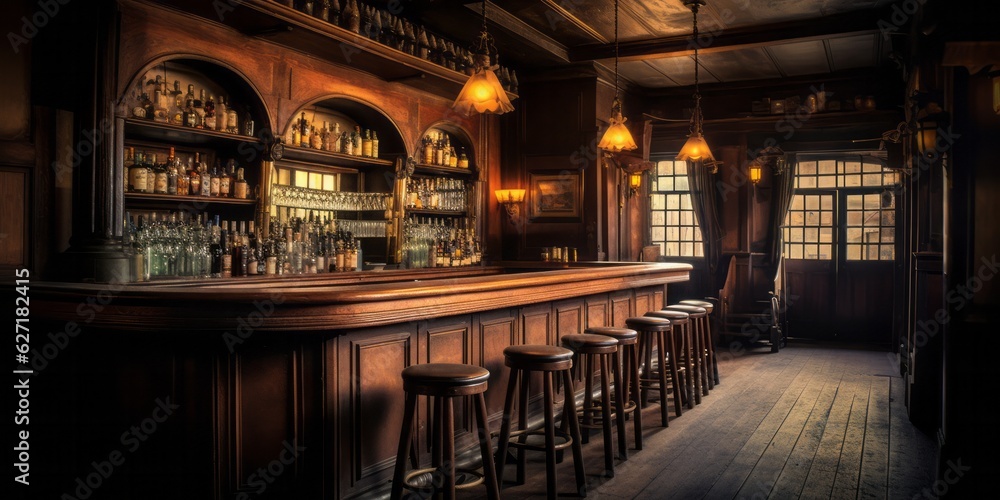 Rustic Bar with Vintage Decorations and Cozy Atmosphere, Copy Space, Generative AI