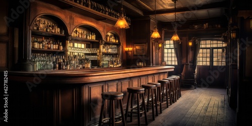 Rustic Bar with Vintage Decorations and Cozy Atmosphere, Copy Space, Generative AI