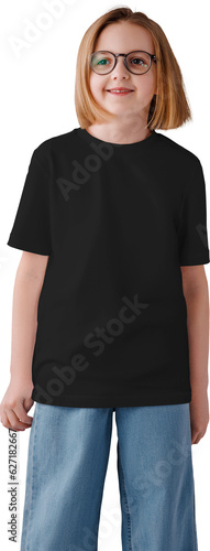 Mockup black t-shirt on a girl with glasses, shirt png for children, front view