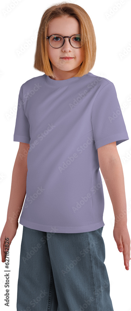 Мockup violet t-shirt on a girl with glasses, shirt png for children, front view Мockup violet t-shirt on a girl with glasses, shirt png for children, front view