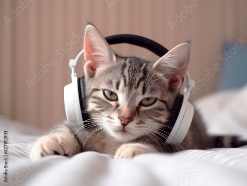 Cute sleeping striped Cat Kitten listening music in Headphones on white bed, generative AI