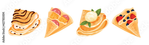 Sweet Crepe or Pancake with Filling and Topping Vector Set