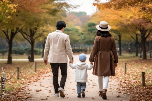 Family Autumn Stroll Parents Enjoying a Leisurely Walk with their Baby Boy in the Park, Generative AI