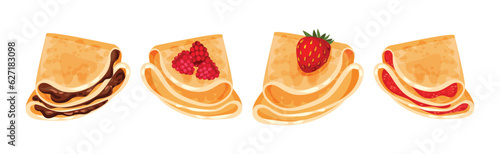 Sweet Crepe or Pancake with Filling and Topping Vector Set