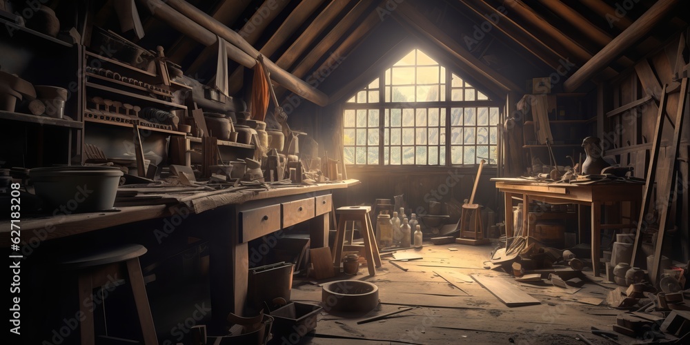 Vintage Workshop A Festive Scene with Golden Gifts, Fir Branches, and Delightful Decorations, Generative AI