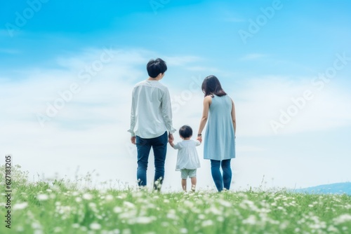 Happy Family in Natural Scenery on Cloudy Morning, Generative AI