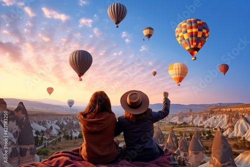Romantic Getaway Couples Enjoying Hot Air Balloons on a Hilltop, Generative AI