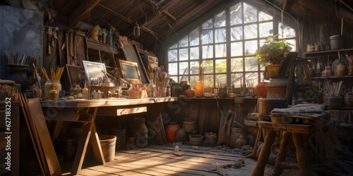 Vintage Workshop A Festive Scene with Golden Gifts, Fir Branches, and Delightful Decorations, Generative AI