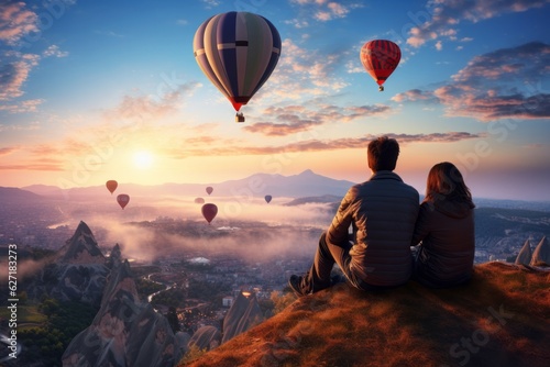 Romantic Getaway Couples Enjoying Hot Air Balloons on a Hilltop, Generative AI