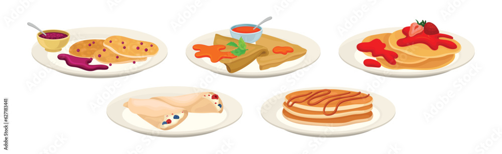 Sweet Crepe or Pancake with Filling and Topping Served on Plate Vector Set Sweet Crepe or Pancake with Filling and Topping Served on Plate Vector Set