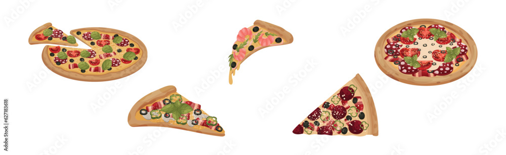 Traditional Italian Pizza of Round Shape with Topping Vector Set Traditional Italian Pizza of Round Shape with Topping Vector Set