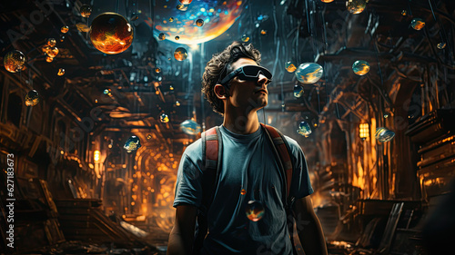 a person wearing augmented reality glasses and interacting with the world, 3d art generative ai photo