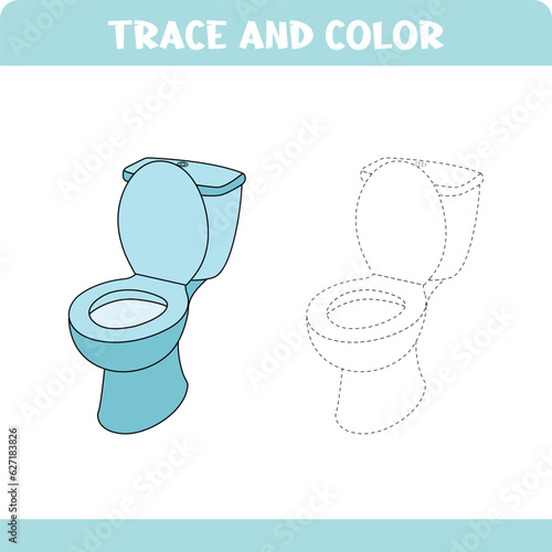 Activity page for kids education. Trace and color worksheet for kids. Tracing objects. Color page. Toilet