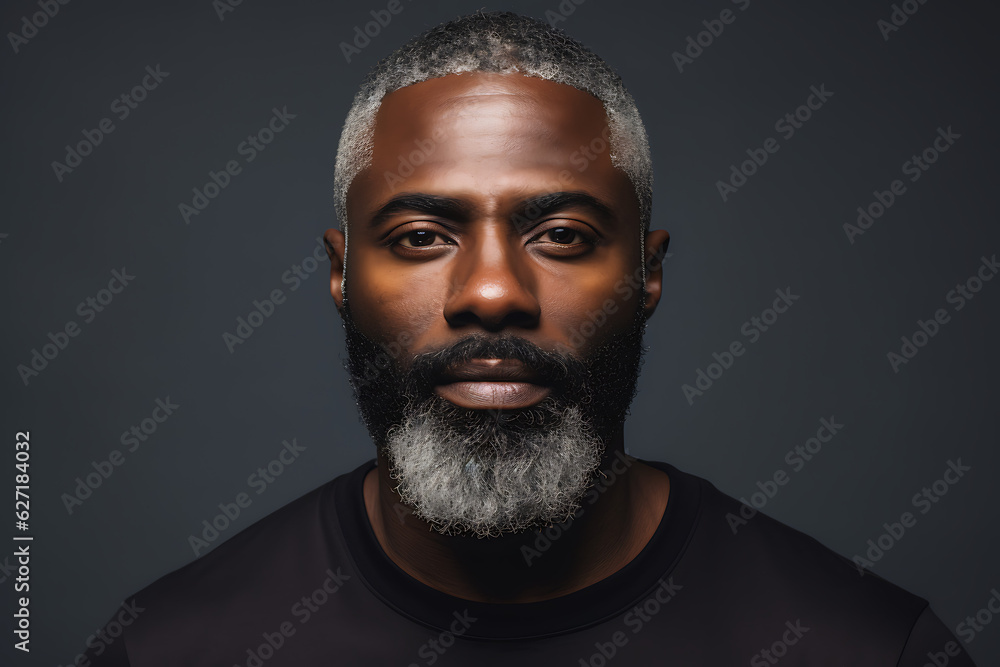 A handsome black man with grey shaved hair down the side of head  - obrazy, fototapety, plakaty 