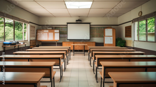 Lecture room or School empty classroom with desks and chair iron wood for studying lessons in high school Thailand, interior of secondary education, with whiteboard