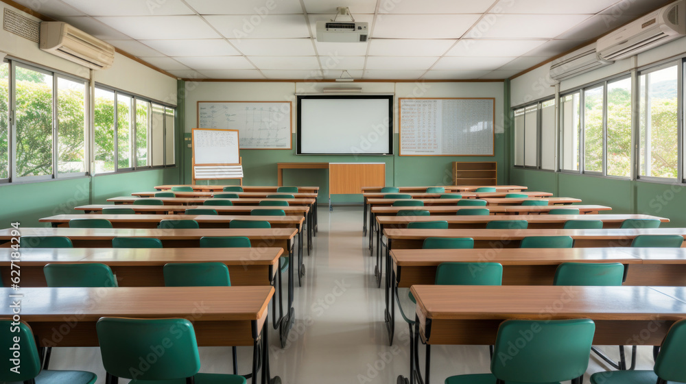 Lecture room or School empty classroom with desks and chair iron wood for studying lessons in high school Thailand, interior of secondary education, with whiteboard Lecture room or School empty classroom with desks and chair iron wood for studying lessons in high school Thailand, interior of secondary education, with whiteboard