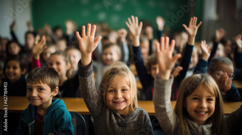 Pupils raising their hands during class at the elementary school