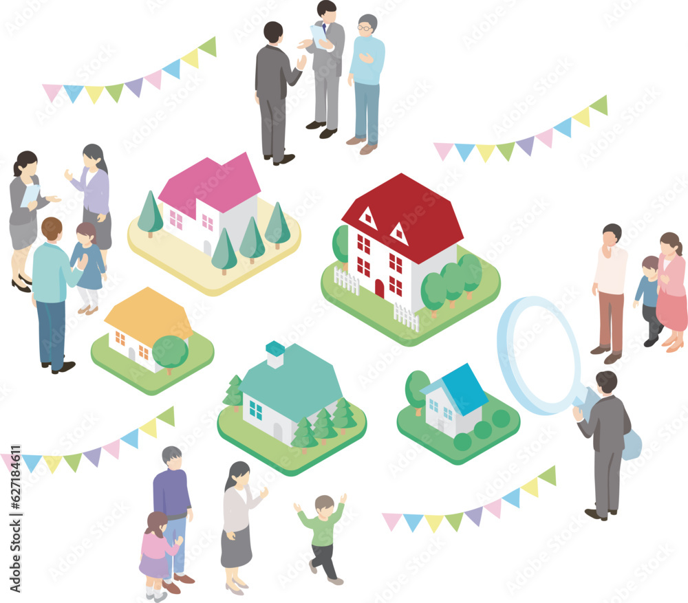 アイソメトリック 家 住宅 不動産 街並み 人物 家族 イラスト素材セット アイソメトリック 家 住宅 不動産 街並み 人物 家族 イラスト素材セット