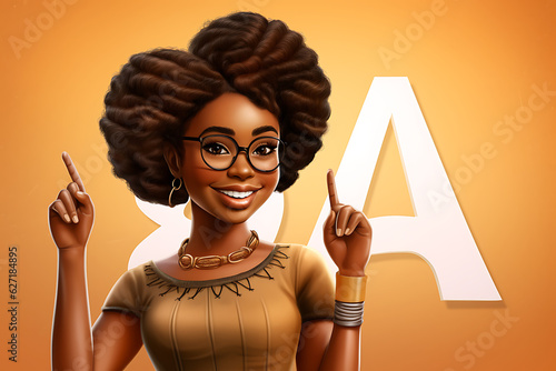 a cute african female  teacher teaching sign languange showing letter A photo