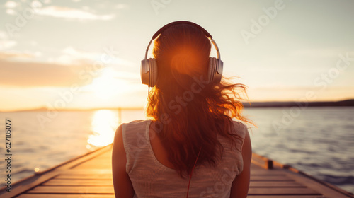 Woman wearing headphones listening to music breathing fresh air relaxing sitting on a bench in winter on the beach photo