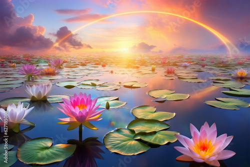 field of water lily flowers with a rainbow in the sky