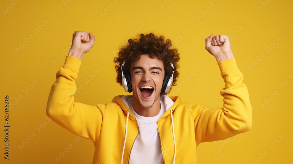 Studio shot of overjoyed teenage couple dance with raised hands, enjoy cool music in stereo headphones, listen pleasant popular track, move actively against yellow background, feel happy and great Studio shot of overjoyed teenage couple dance with raised hands, enjoy cool music in stereo headphones, listen pleasant popular track, move actively against yellow background, feel happy and great