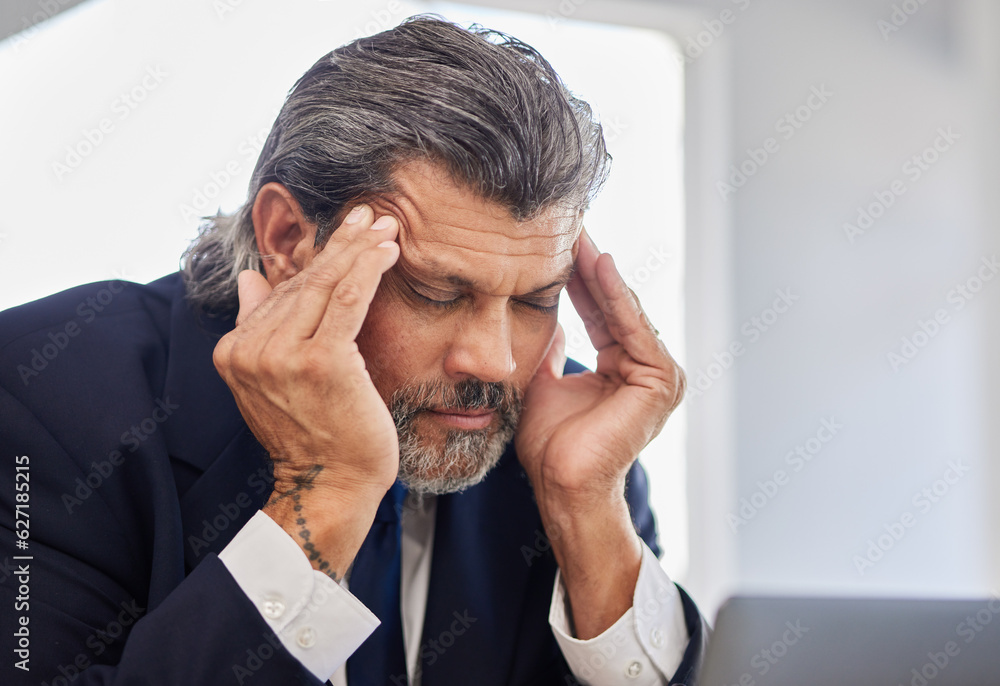 Headache, face and senior business man depressed, frustrated and stress over corporate mistake, bankruptcy or fatigue. Executive crisis, migraine pain and senior person burnout, tired or overwhelmed Headache, face and senior business man depressed, frustrated and stress over corporate mistake, bankruptcy or fatigue. Executive crisis, migraine pain and senior person burnout, tired or overwhelmed